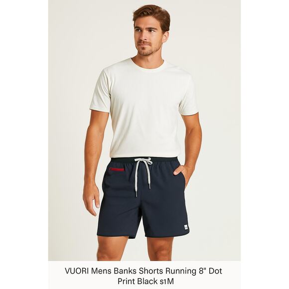 Vuori Mens Banks Shorts Size M Black Dot Print Athletic Stretch Lined 8" Inseam